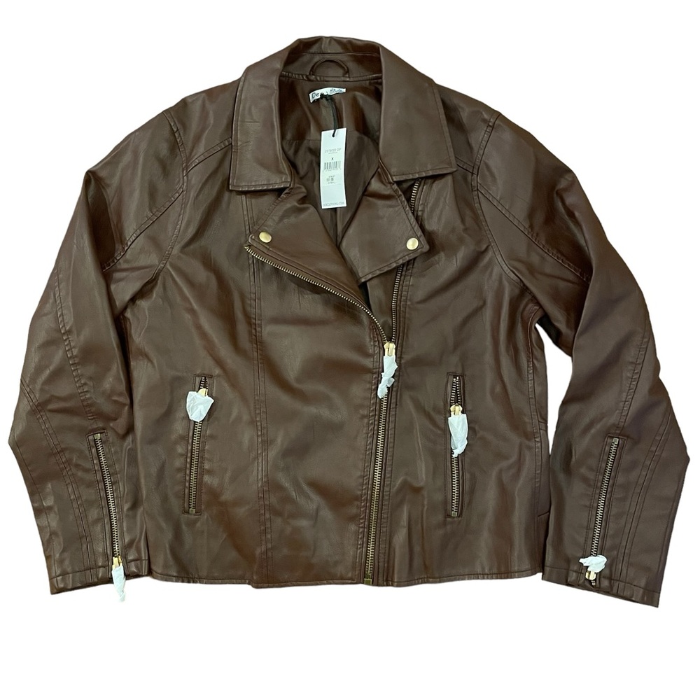 Dex Plus Faux Leather Moto Jacket Coat in Brick Dark Brown Size X‎ 12/14